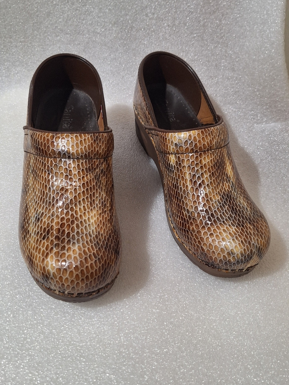 Snake Print Clog Shoes in Brown and Tan